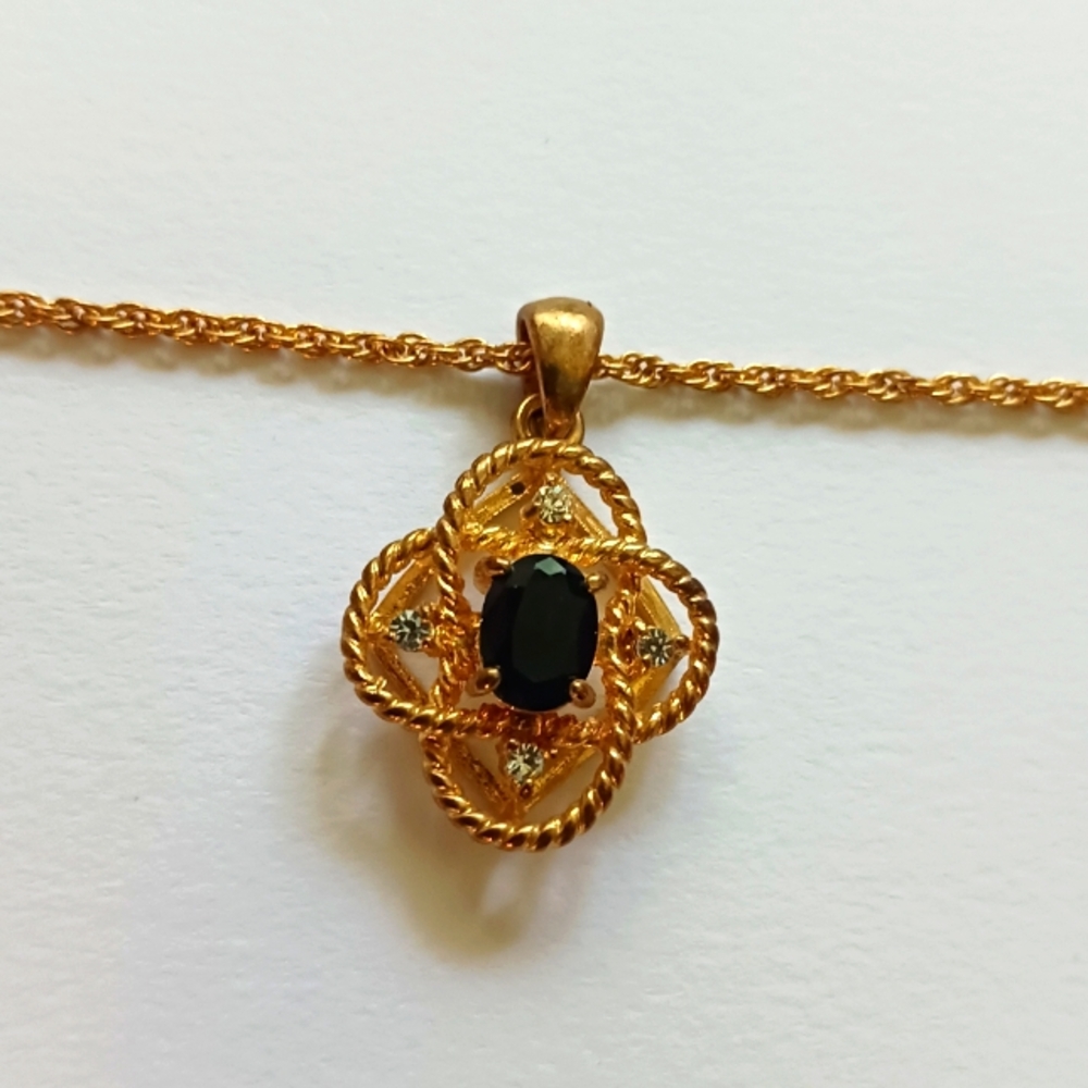 Pretty Gold Necklace with Rhinestones and Blue Center Stone